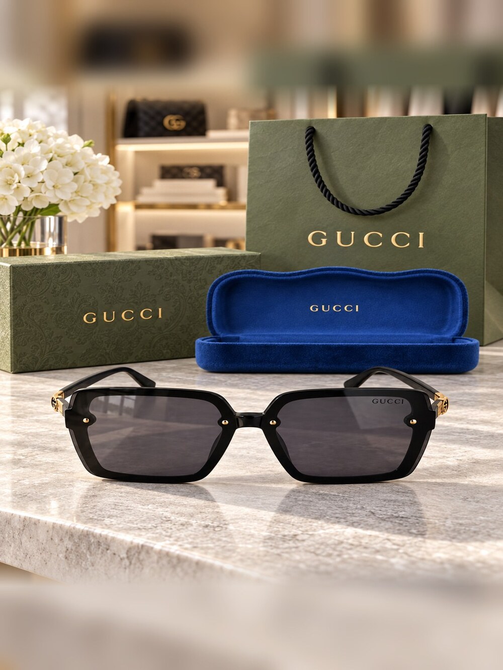 Gucci Black Gold Trim Square Sunglasses